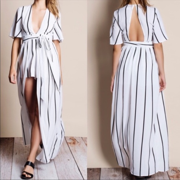 Black and white striped maxi romper short sleeves - Picture 4 of 7